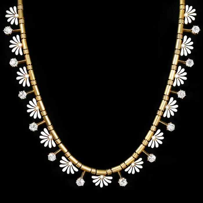 Beneficial Estate Buyers Necklaces Victorian 180 CTW Old Mine Cut Diamond and White Enamel Necklace Beneficial Estate Buyers Necklaces Victorian 180 CTW Old Mine Cut Diamond and White Enamel Necklace