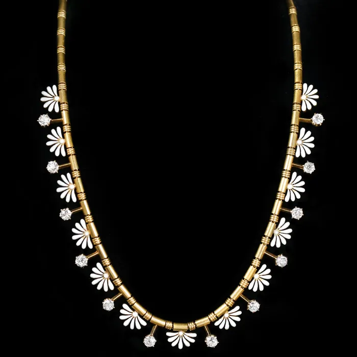 Beneficial Estate Buyers Necklaces Victorian 180 CTW Old Mine Cut Diamond and White Enamel Necklace
