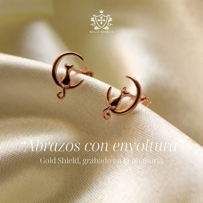 Earrings Gold Shield Juego de aretes y collar de plata con dije de gato y Bao en Oro 18K