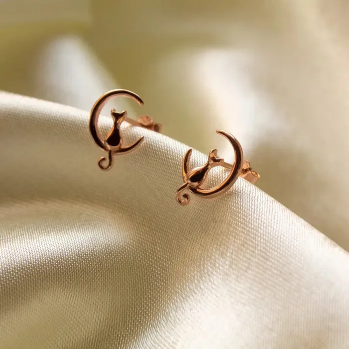Earrings Gold Shield Juego de aretes y collar de plata con dije de gato y Bao en Oro 18K