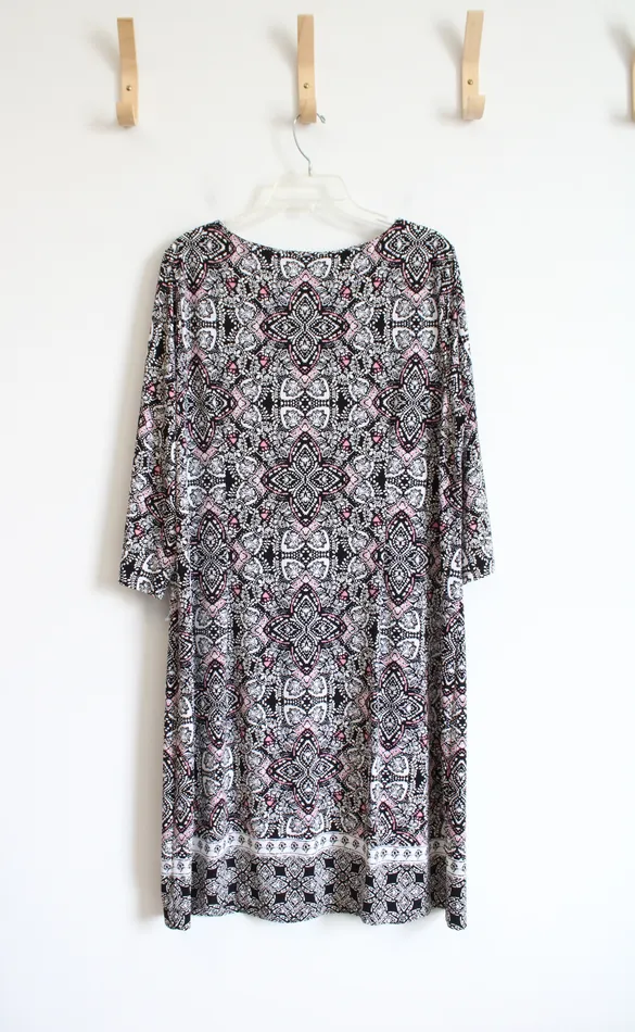 Roz Ali Black White Pink Patterned Textured Dress 2X Roz Ali Rings