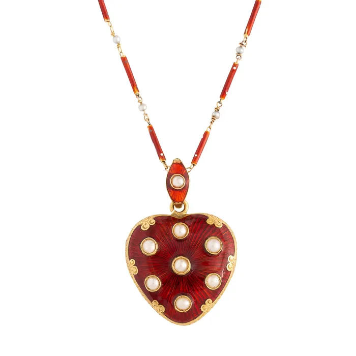 Antique Necklaces Victorian Guillouche Enamel Pearl and 14k Gold Heart Locket and Chain Antique Necklaces Victorian Guillouche Enamel Pearl and 14k Gold Heart Locket and Chain