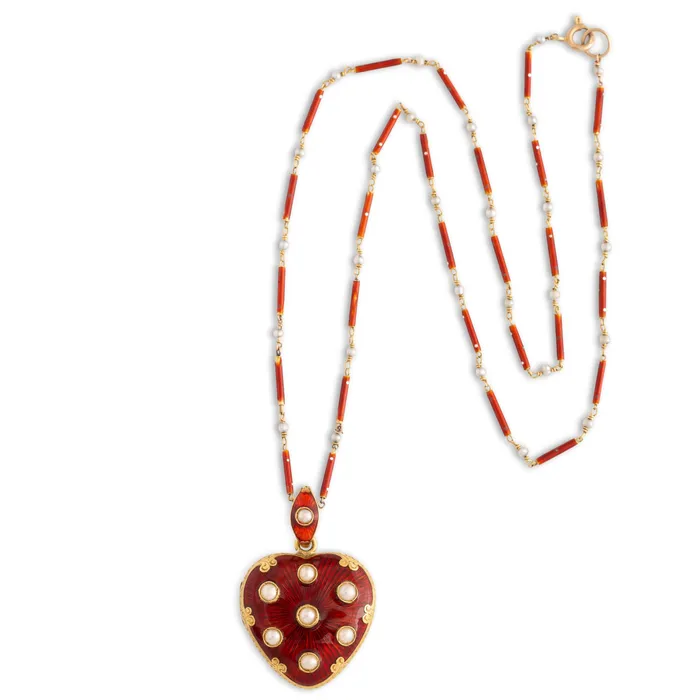 Antique Necklaces Victorian Guillouche Enamel Pearl and 14k Gold Heart Locket and Chain