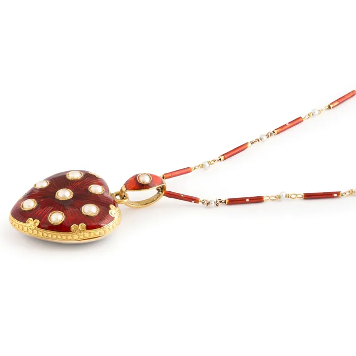 Antique Necklaces Victorian Guillouche Enamel Pearl and 14k Gold Heart Locket and Chain