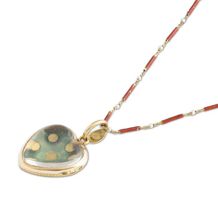 Antique Necklaces Victorian Guillouche Enamel Pearl and 14k Gold Heart Locket and Chain