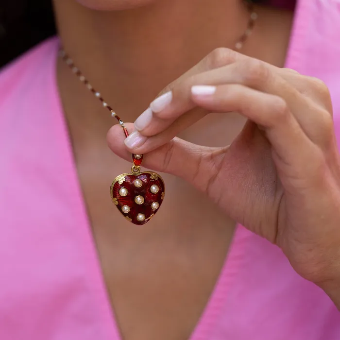 Antique Necklaces Victorian Guillouche Enamel Pearl and 14k Gold Heart Locket and Chain