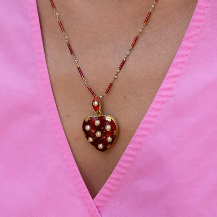 Antique Necklaces Victorian Guillouche Enamel Pearl and 14k Gold Heart Locket and Chain
