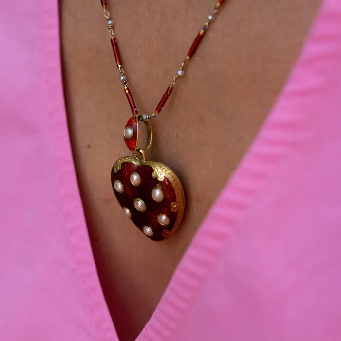 Antique Necklaces Victorian Guillouche Enamel Pearl and 14k Gold Heart Locket and Chain