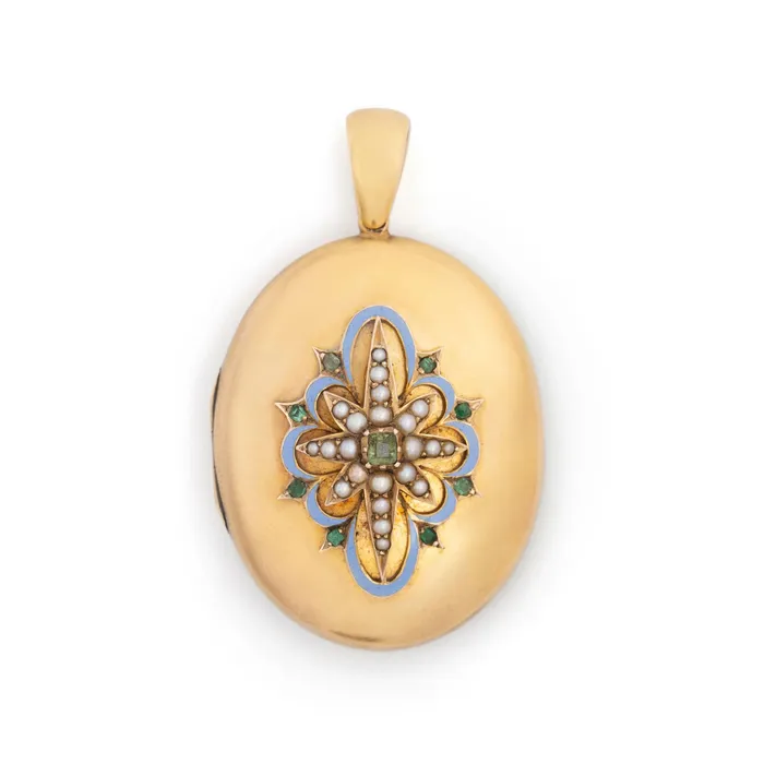 Antique Necklaces Victorian Pearl Emerald Enamel And 14k Gold Starburst Locket Antique Necklaces Victorian Pearl Emerald Enamel And 14k Gold Starburst Locket