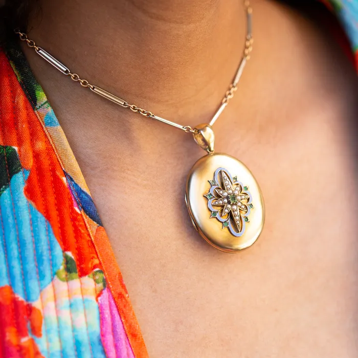 Antique Necklaces Victorian Pearl Emerald Enamel And 14k Gold Starburst Locket