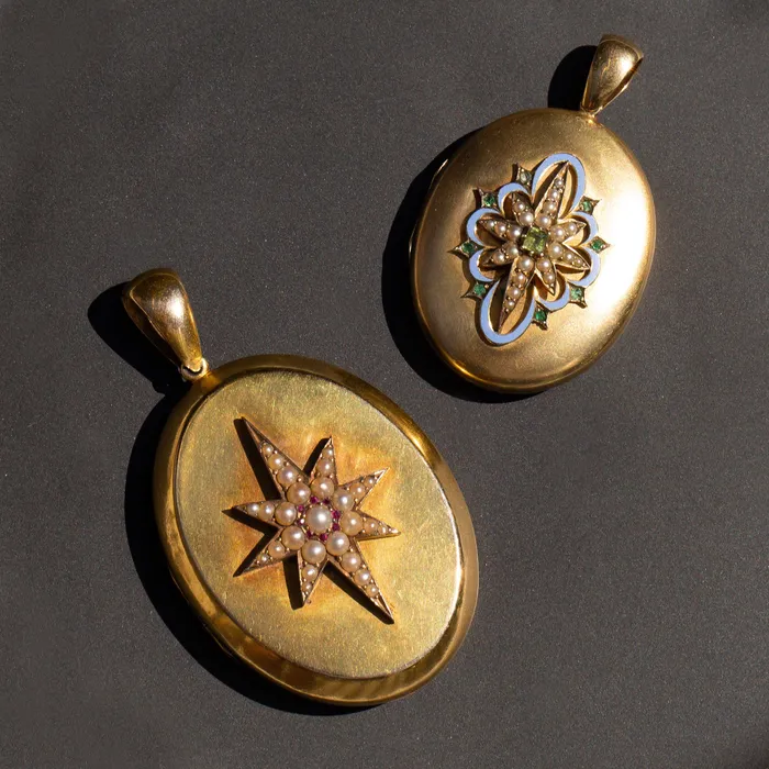 Antique Necklaces Victorian Pearl Emerald Enamel And 14k Gold Starburst Locket