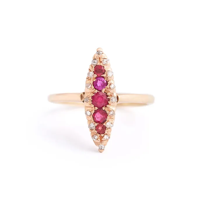 Antique Rings Victorian Ruby and Rose Cut Diamond Navette 10k Gold Ring