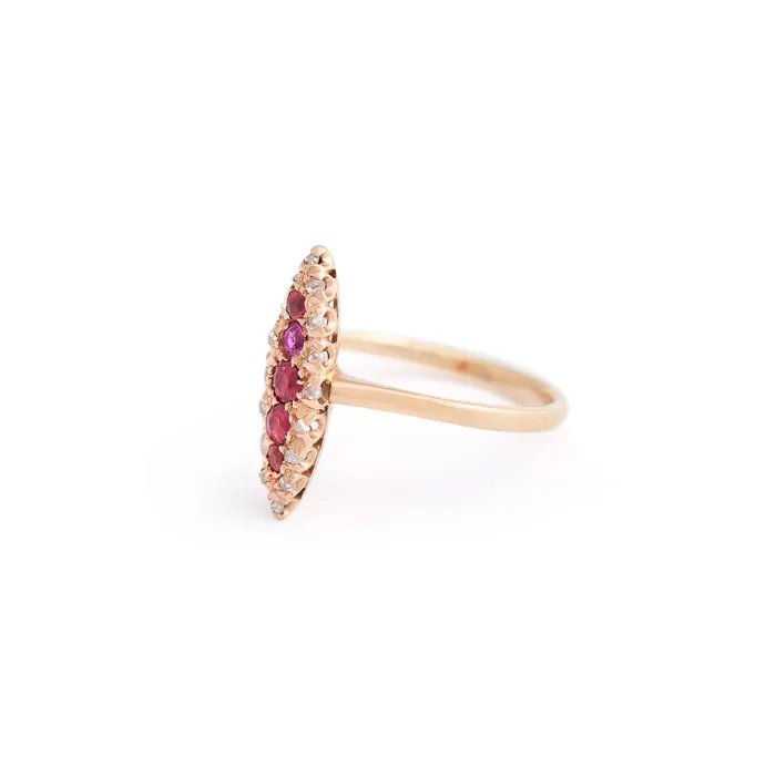 Antique Rings Victorian Ruby and Rose Cut Diamond Navette 10k Gold Ring