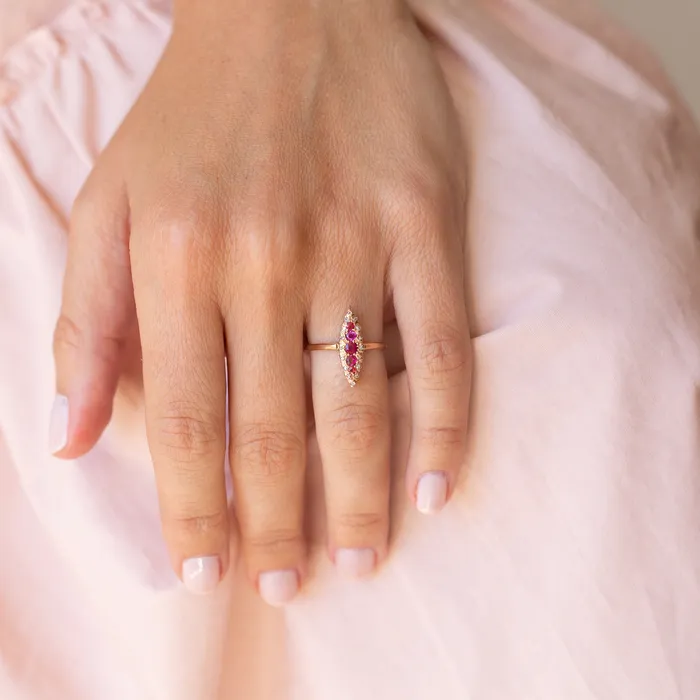 Antique Rings Victorian Ruby and Rose Cut Diamond Navette 10k Gold Ring