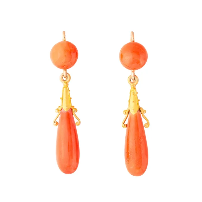 Earrings Antique French Etruscan Revival Coral and 18k Gold Dangle Earrings