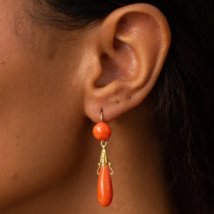 Earrings Antique French Etruscan Revival Coral and 18k Gold Dangle Earrings