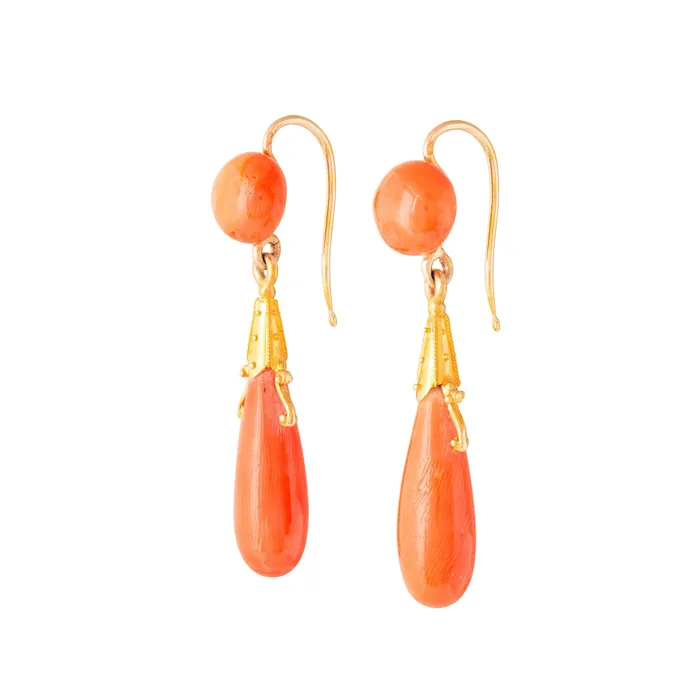 Earrings Antique French Etruscan Revival Coral and 18k Gold Dangle Earrings