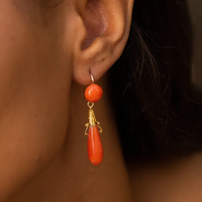Earrings Antique French Etruscan Revival Coral and 18k Gold Dangle Earrings