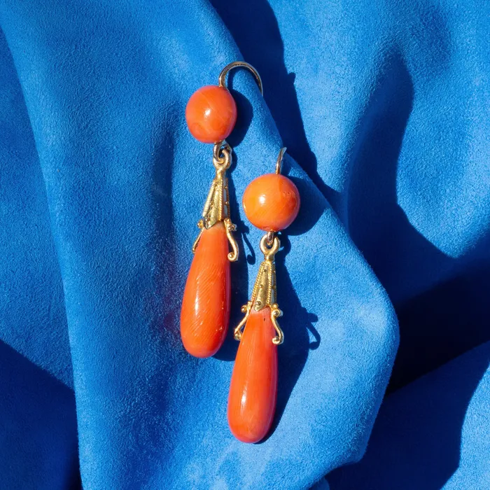 Earrings Antique French Etruscan Revival Coral and 18k Gold Dangle Earrings