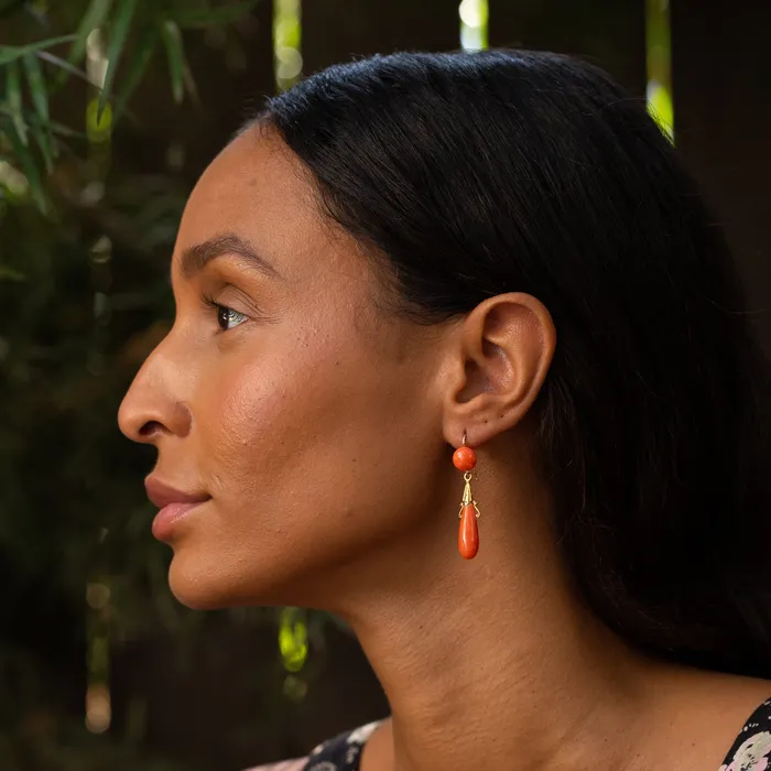 Earrings Antique French Etruscan Revival Coral and 18k Gold Dangle Earrings