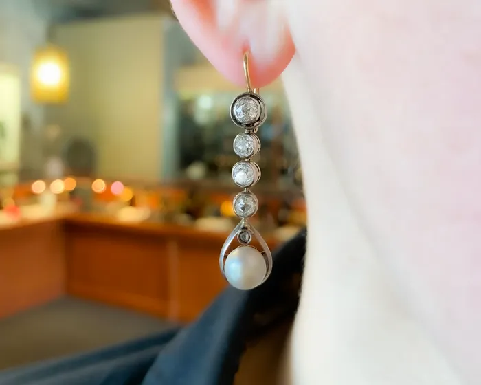 Earrings Isadoras A Edwardian French Diamond Pearl Drop Earrings
