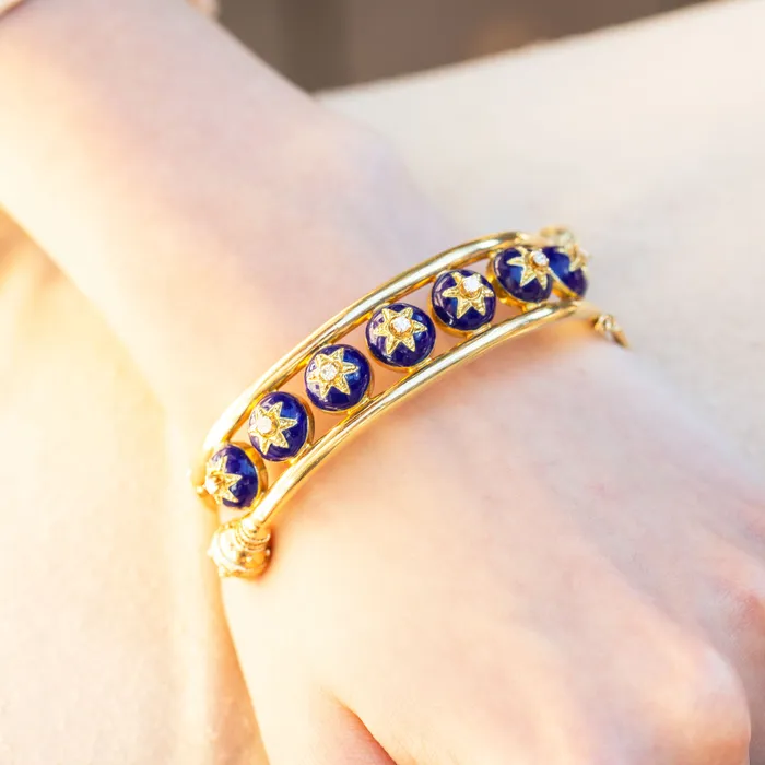 Etruscan Revival Style Enamel Diamond And 14k Gold Bangle Bracelet Vintage Bracelets