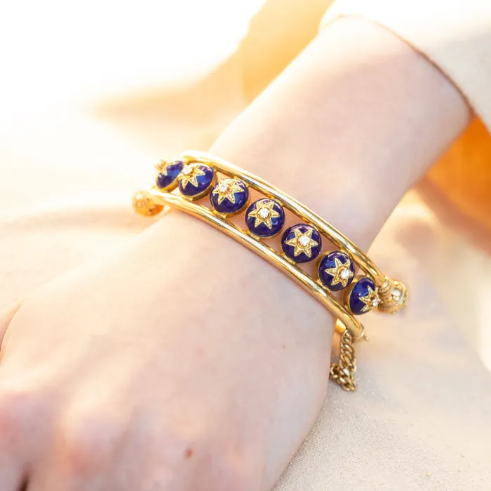 Etruscan Revival Style Enamel Diamond And 14k Gold Bangle Bracelet Vintage Bracelets