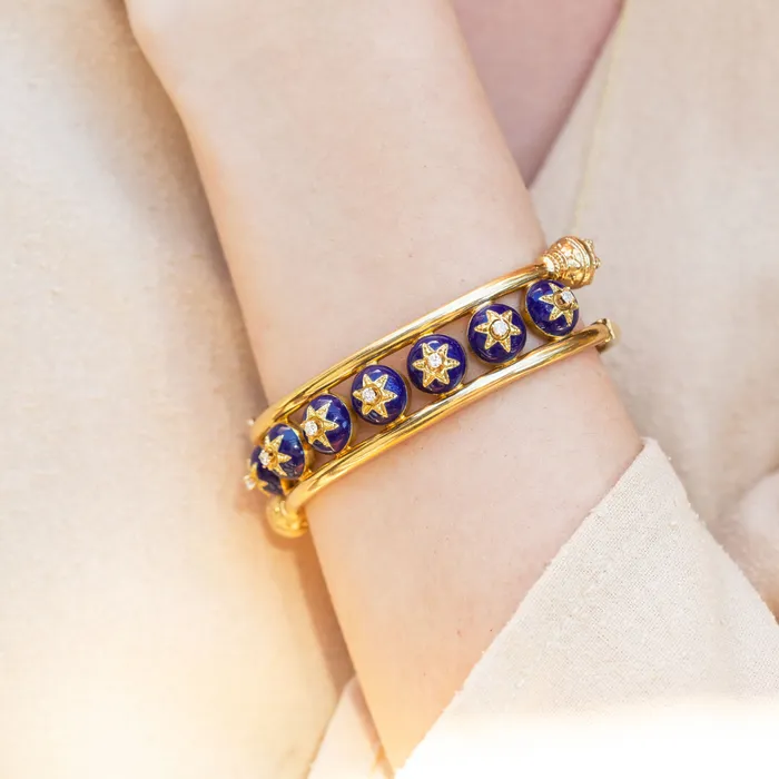 Etruscan Revival Style Enamel Diamond And 14k Gold Bangle Bracelet Vintage Bracelets
