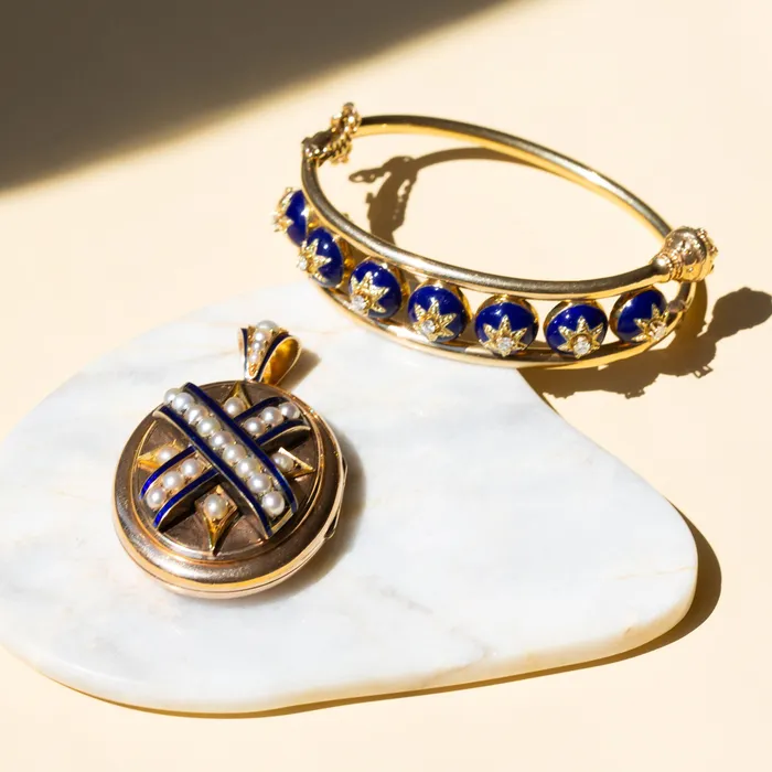 Etruscan Revival Style Enamel Diamond And 14k Gold Bangle Bracelet Vintage Bracelets