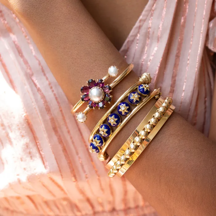 Etruscan Revival Style Enamel Diamond And 14k Gold Bangle Bracelet Vintage Bracelets