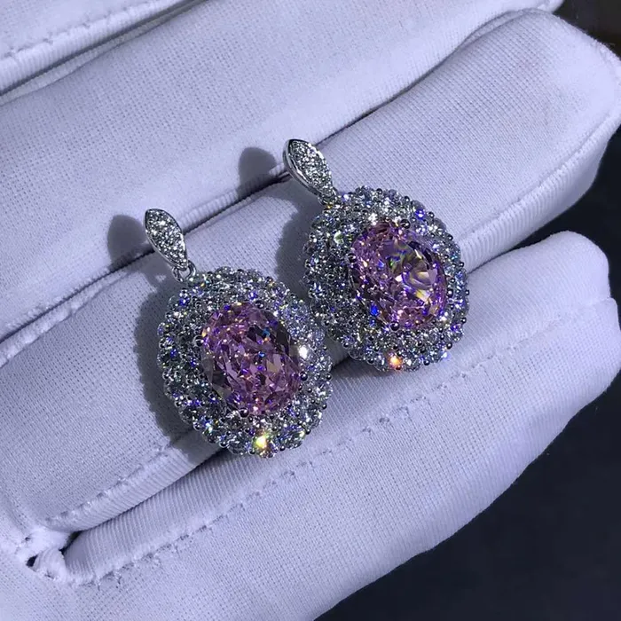 Leyloon Jewelry Earrings 3 Carat Pink Oval Cut Halo VVS Moissanite Drop Earrings