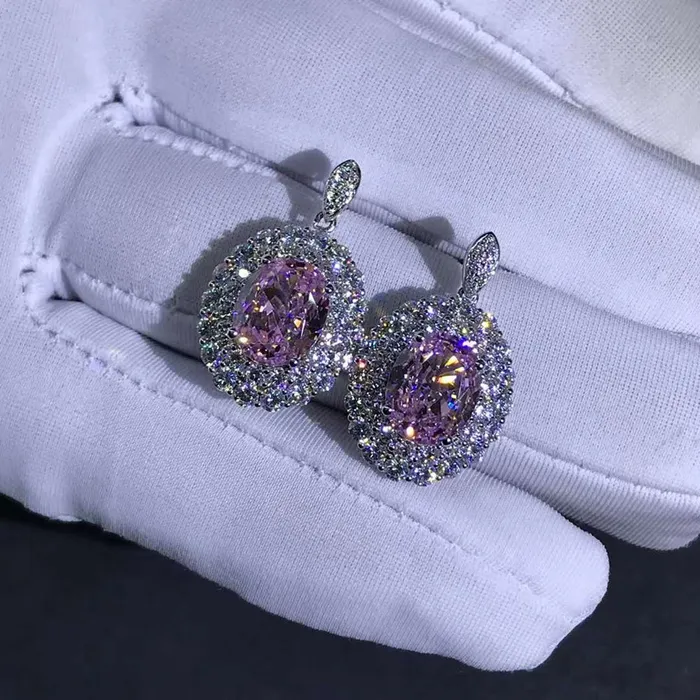 Leyloon Jewelry Earrings 3 Carat Pink Oval Cut Halo VVS Moissanite Drop Earrings