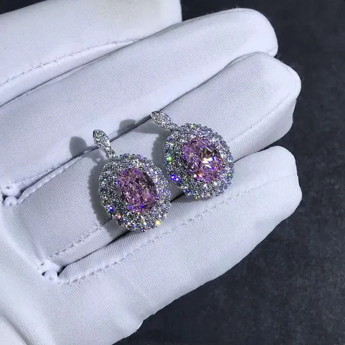 Leyloon Jewelry Earrings 3 Carat Pink Oval Cut Halo VVS Moissanite Drop Earrings