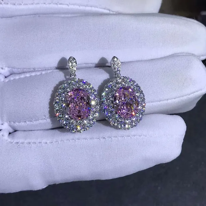 Leyloon Jewelry Earrings 3 Carat Pink Oval Cut Halo VVS Moissanite Drop Earrings