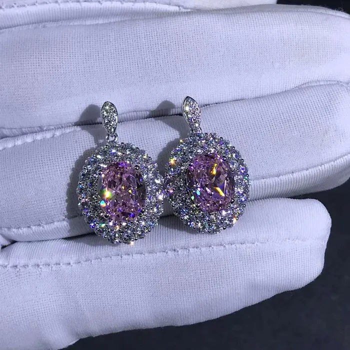 Leyloon Jewelry Earrings 3 Carat Pink Oval Cut Halo VVS Moissanite Drop Earrings