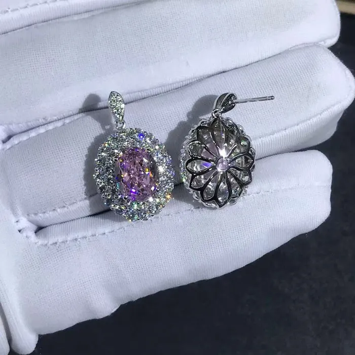 Leyloon Jewelry Earrings 3 Carat Pink Oval Cut Halo VVS Moissanite Drop Earrings