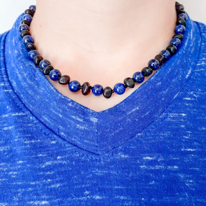 Necklaces Baltic Essentials Baltic Amber Necklace Raw unpolished Black Cherry Blue Lapis Lazuli Bundle Gift Set