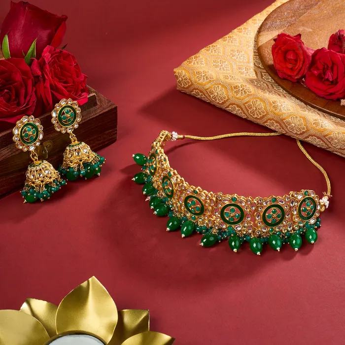 Necklaces Teejh Teejh Radhya Green Gold Necklace Set