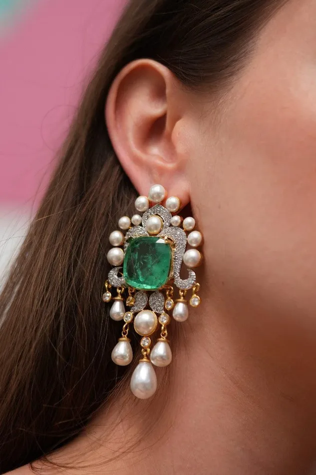 Oversized Pearly Russian Emerald Designer Diamond Earrings Attrangi Earrings Oversized Pearly Russian Emerald Designer Diamond Earrings Attrangi Earrings