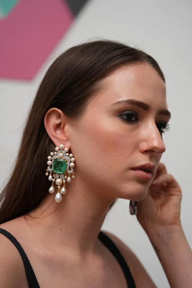 Oversized Pearly Russian Emerald Designer Diamond Earrings Attrangi Earrings Oversized Pearly Russian Emerald Designer Diamond Earrings Attrangi Earrings