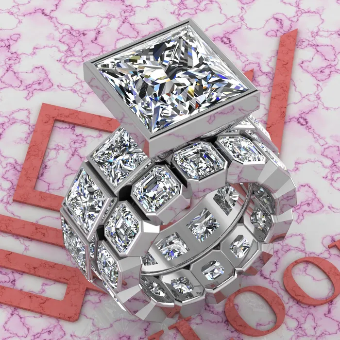 Rings Leyloon Jewelry 2085 CTW Princess Cut TwoPiece Bridal D Color Bezel Moissanite Set
