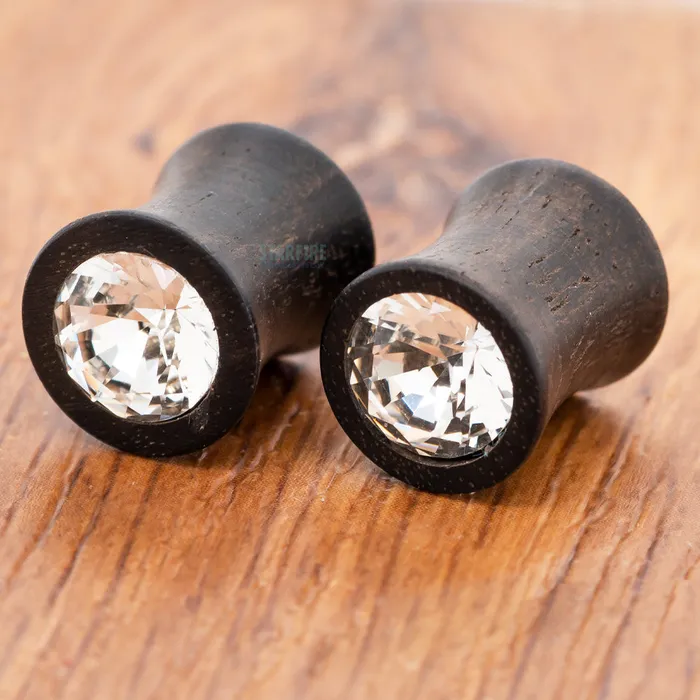 Round Swarovski Plugs in Wood Crystal Esoteric Organics Earrings