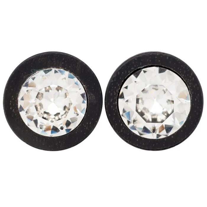 Round Swarovski Plugs in Wood Crystal Esoteric Organics Earrings
