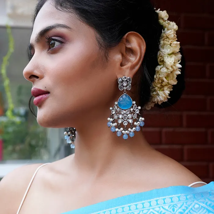 Teejh Anaika Silver Oxidised Blue Stone Earrings Teejh Earrings