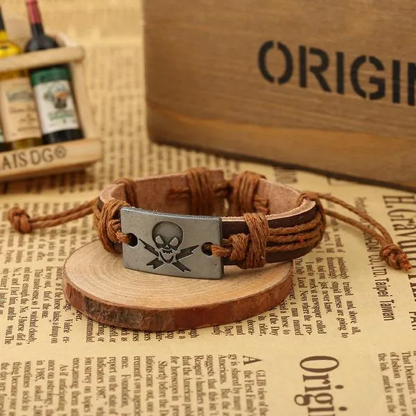 01 Bracelets B65 Light Brown Cord Lightning Skull Bracelet