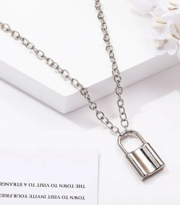 01 Necklaces N1103 Silver Padlock Necklace with FREE Earrings