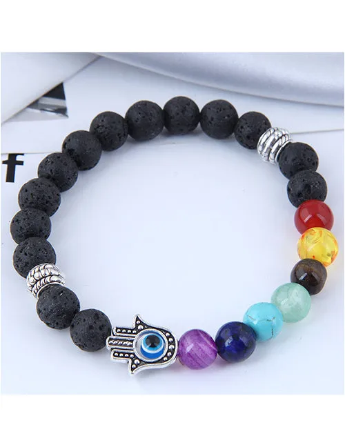 02 B1247 Buddhist Hand Multi Color Bead Lava Stone Bracelet Bracelets