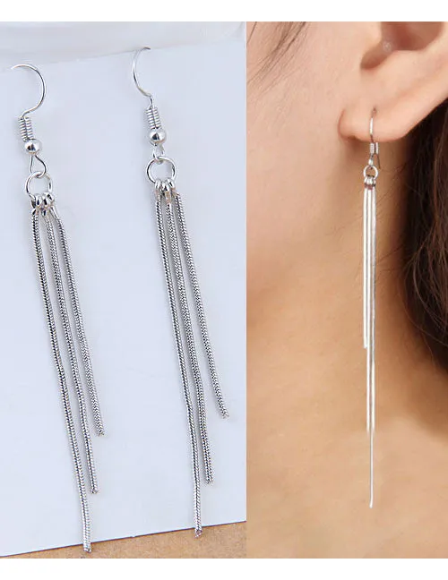 02 Earrings E149 Silver Color Long Tassel Earrings