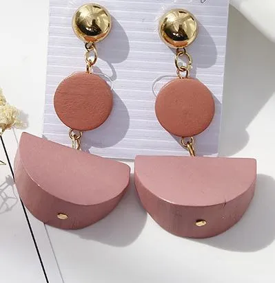 02 Earrings E385 Pale Pink Wooden Circle with Half Moon Earrings
