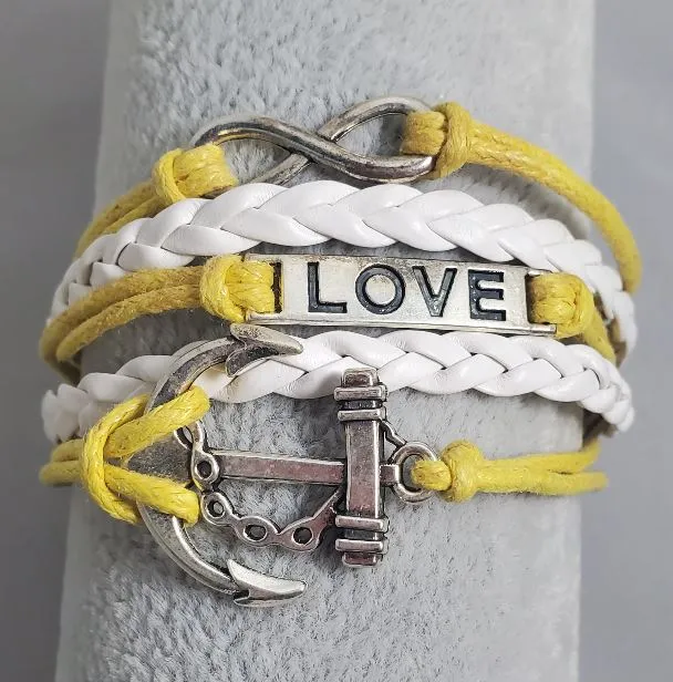 alice Bracelets AZ410 Yellow White Love Anchor Infinity Leather Layer Bracelet